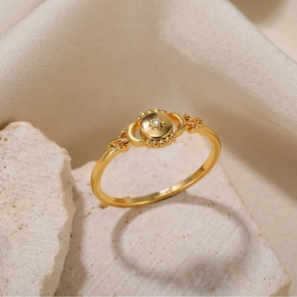 18K Gold Triple Moon Goddess Ring With Diamond Accent